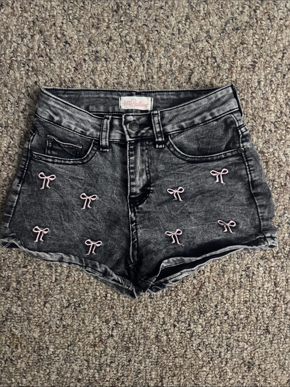 RED Balloon Black Acid-Wash Denim Shorts with Pink Bow Embroidery